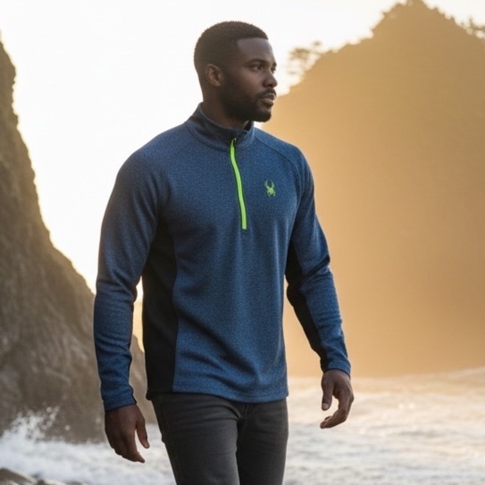 Spyder Mens Blue‎ Black Quarter Zip Pullover Sweater Large 1299048 Activewear